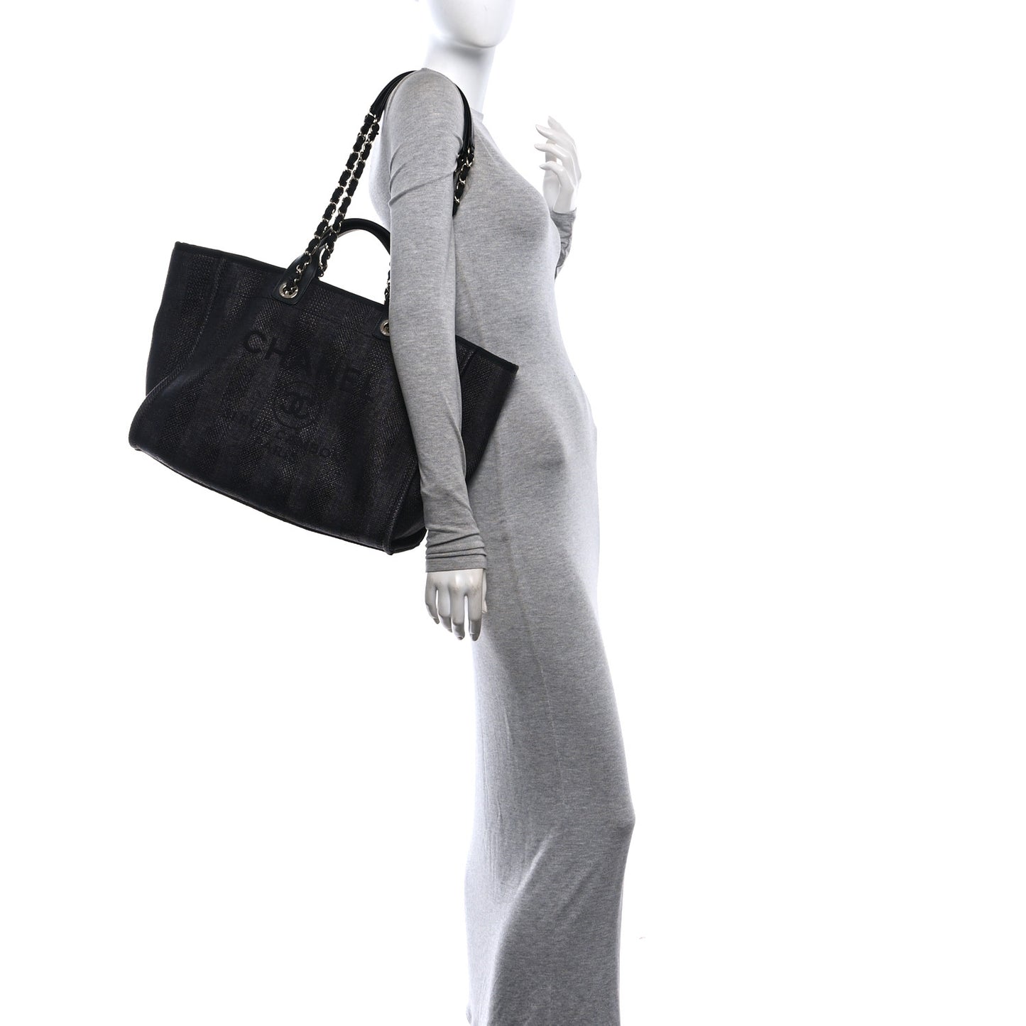 Mixed Fibers Calfskin Striped Medium Deauville Tote Black