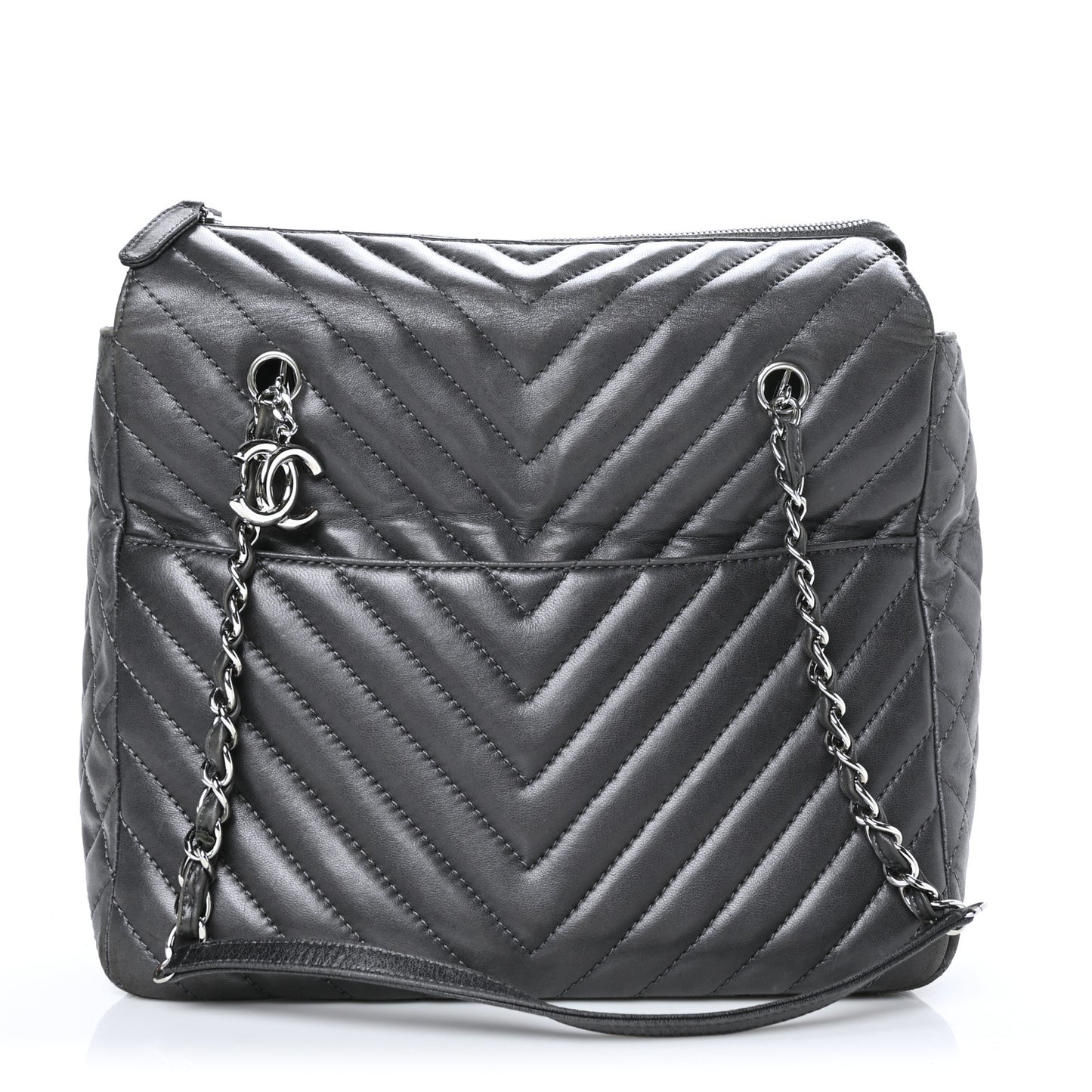 Lambskin Surpique Chevron Quilted Tote Dark Grey