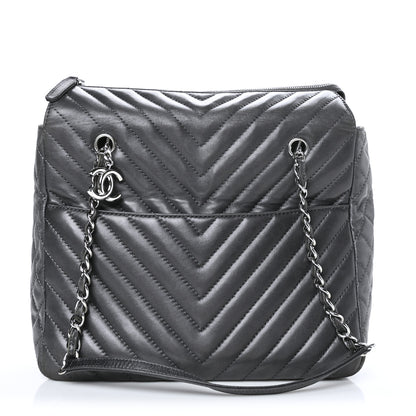 Chanel Lambskin Surpique Chevron Quilted Tote Dark Grey 1 of 10