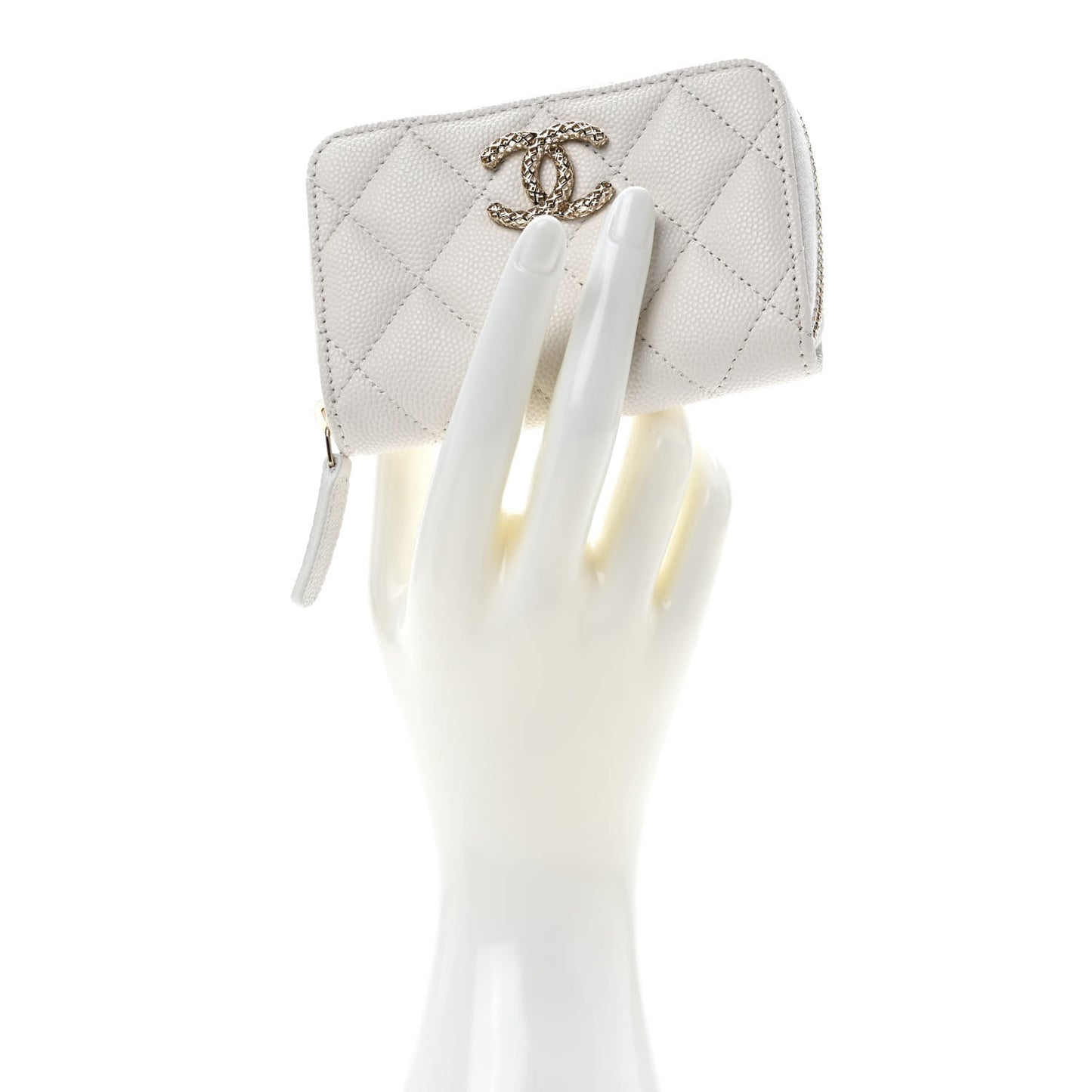 Caviar Quilted Perforated CC Zip Coin Purse White