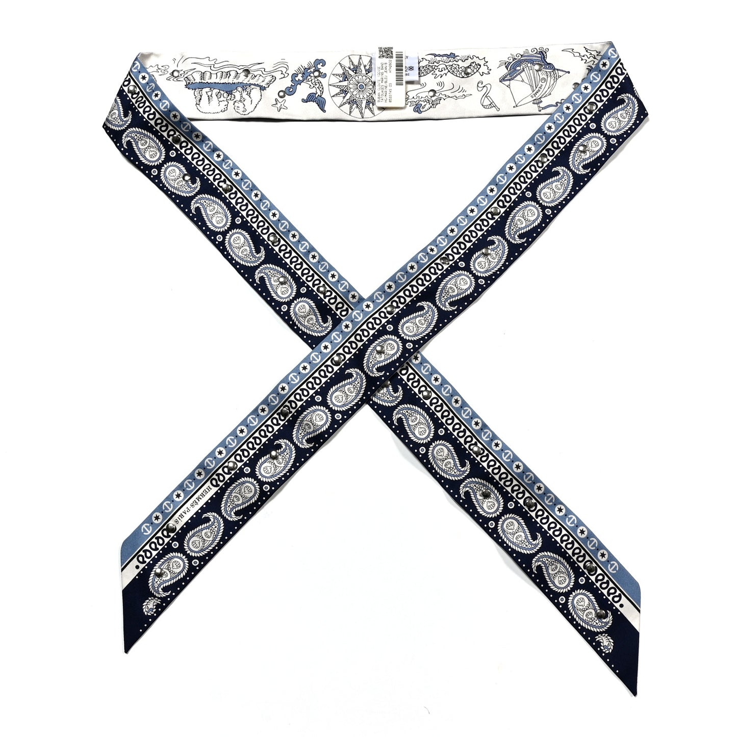 Silk Tatouages Marins Bandana Studded Twilly Bleu Marine Bleu Jean White