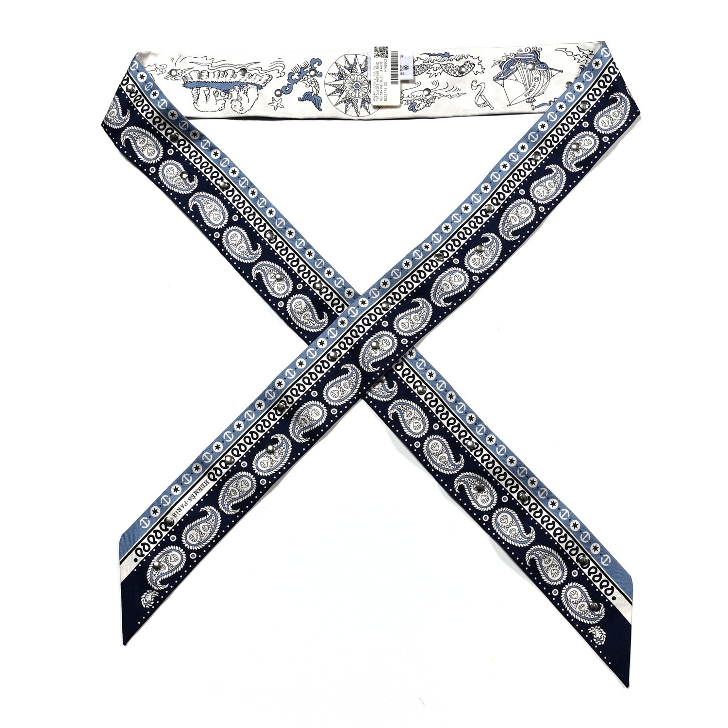 Hermes Silk Tatouages Marins Bandana Studded Twilly Bleu Marine Bleu Jean White 1 of 4
