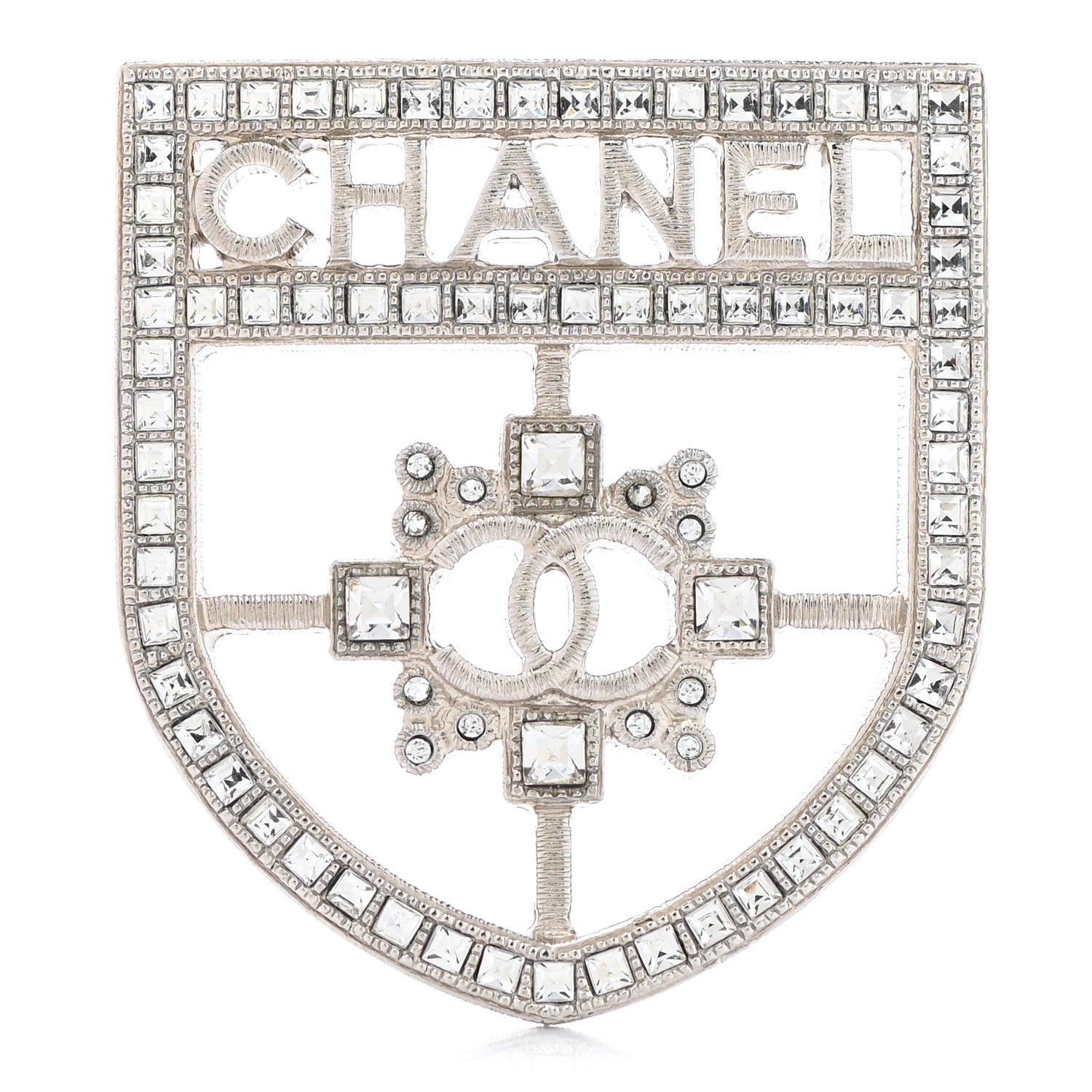 Chanel Swarovski Baguette Crystal CC Shield Brooch Silver 1 of 5