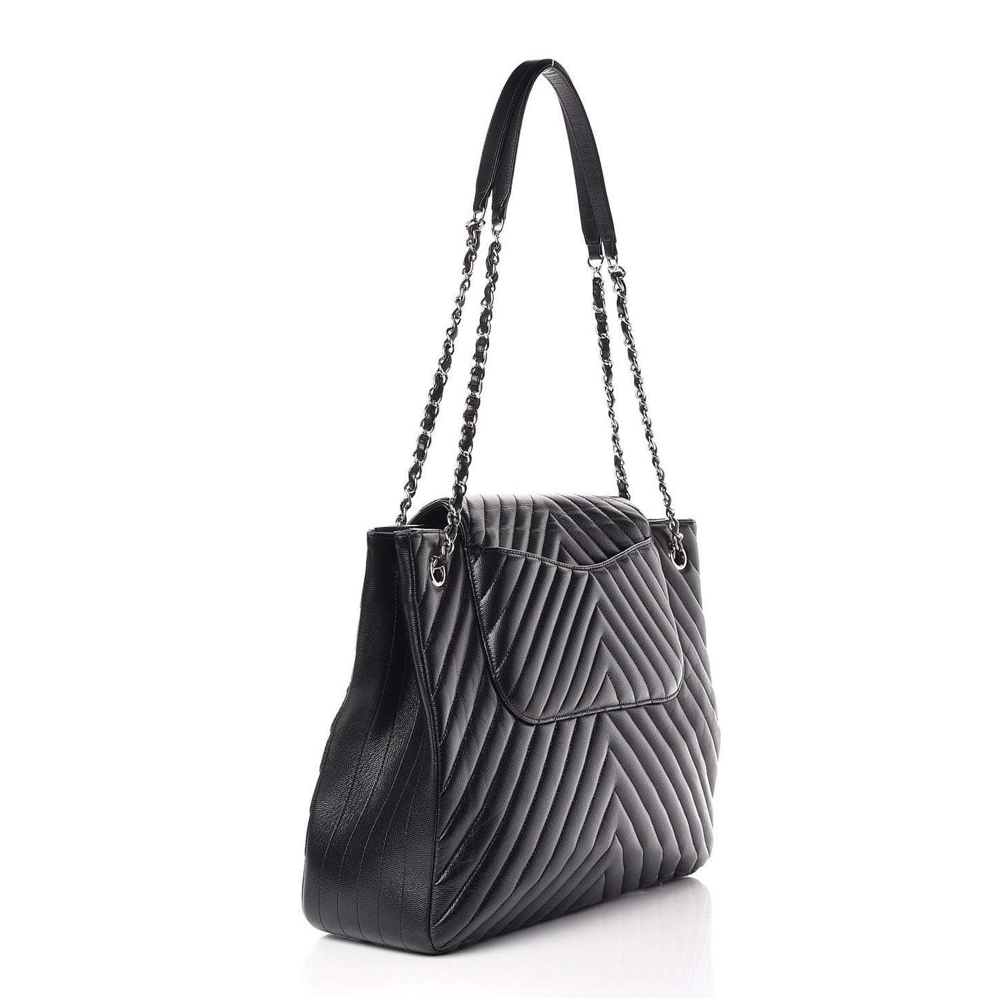 Caviar Chevron Quilted Flap Tote Black
