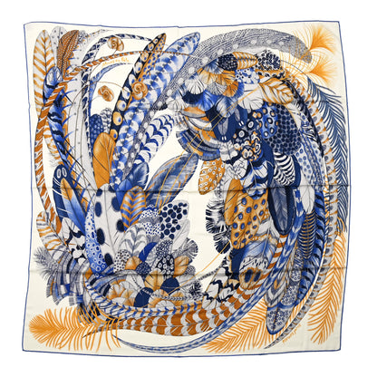 Hermes Cashmere Silk Plumes En Fete Shawl 140 White Bleu Gold 1 of 5
