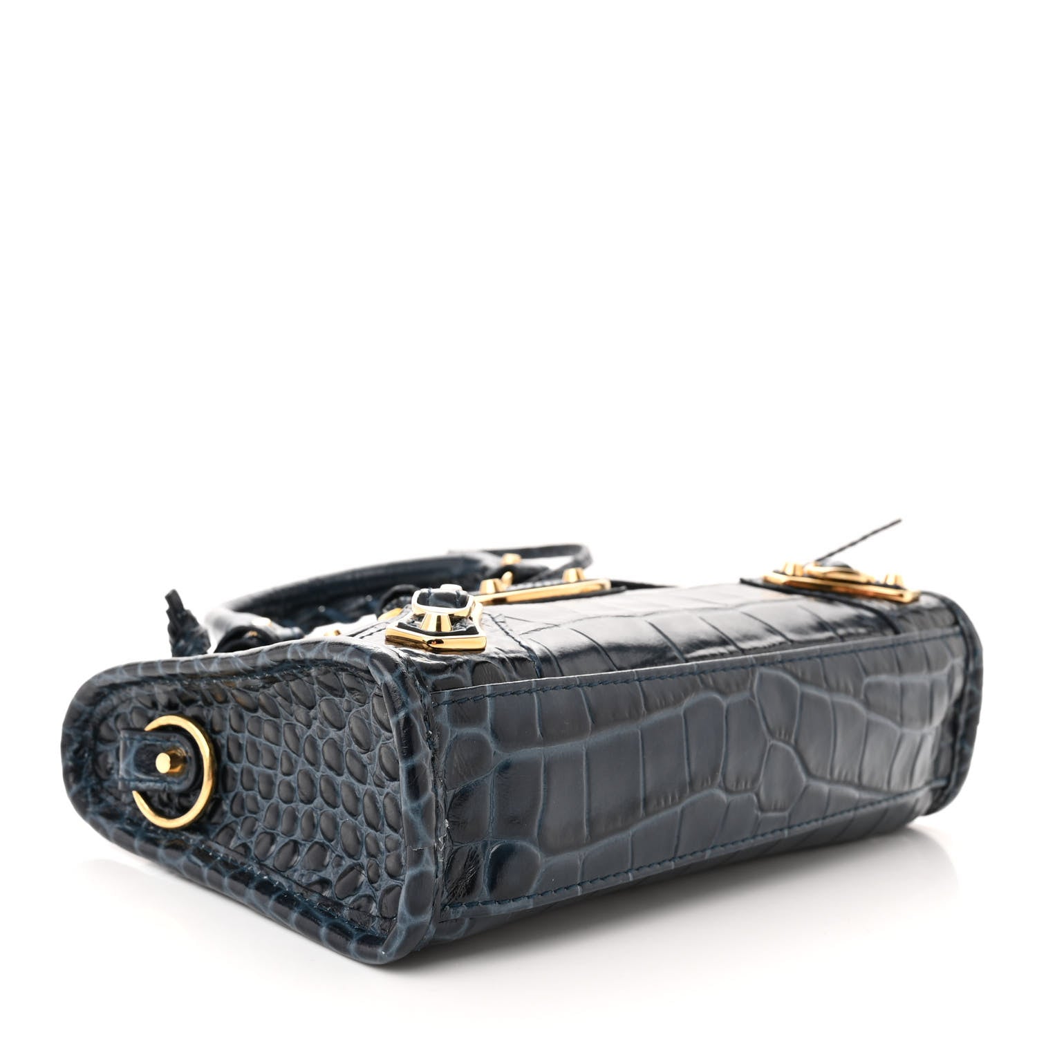Balenciaga Shiny Supple Calfskin Crocodile Embossed Gold Metallic Edge Hardware Nano City Denim Blue 4 of 11