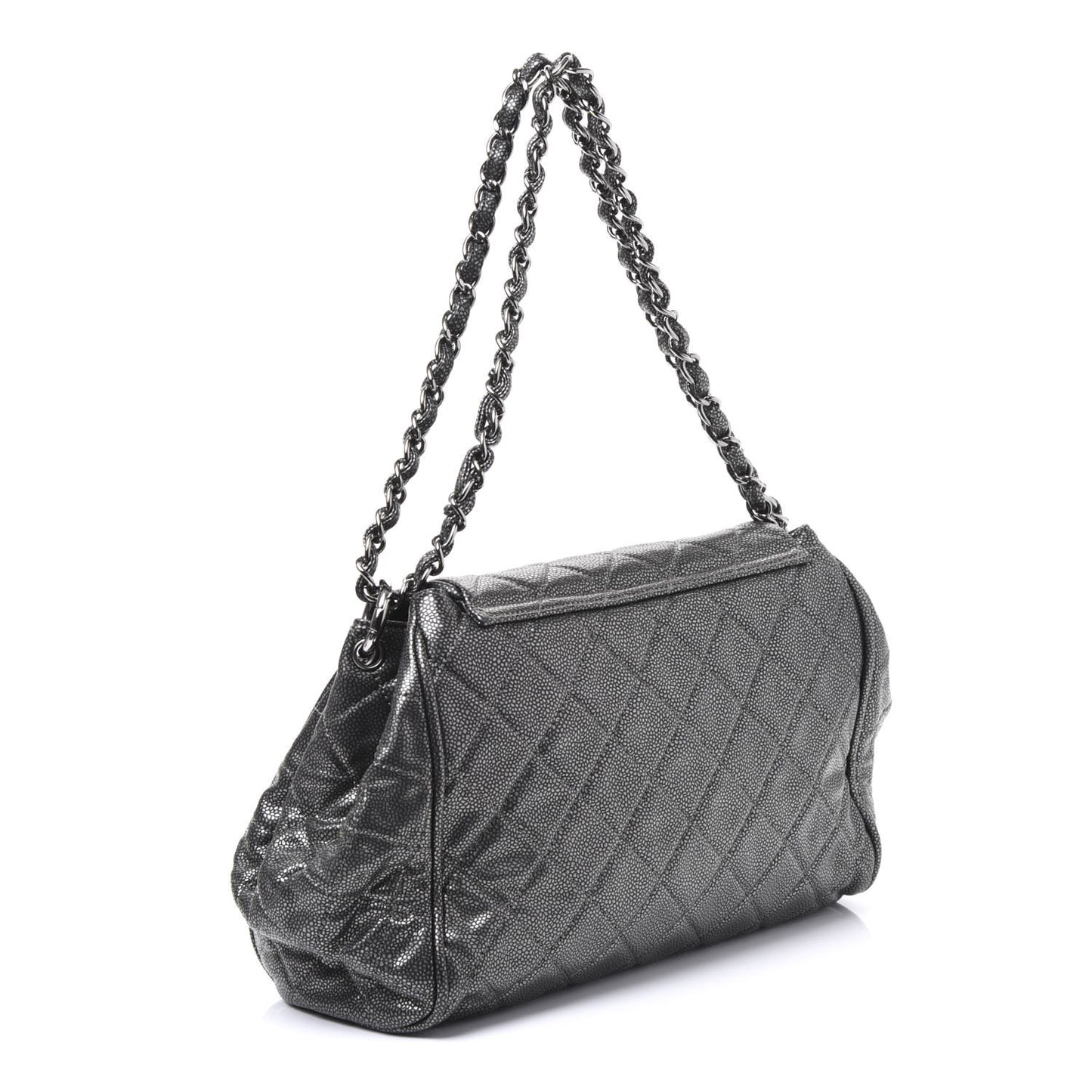 Metallic Caviar Quilted Timeless Accordion Flap Dark Silver