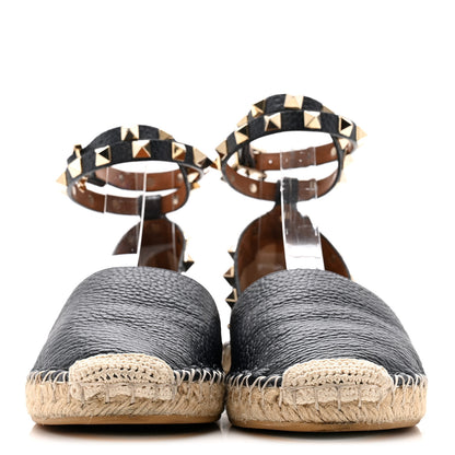 Valentino Garavani Grained Calfskin Rockstud Ankle Wrap Espadrille 20mm Flats 35 Navy 3 of 10