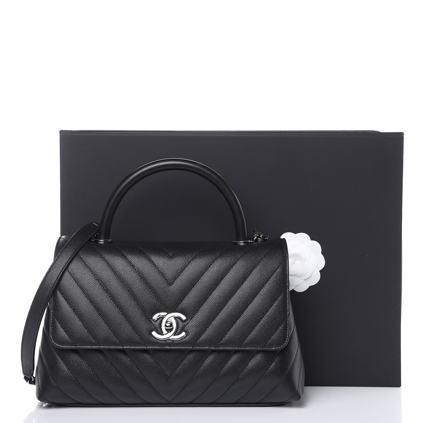 Caviar Chevron Quilted Small Coco Handle Flap Black