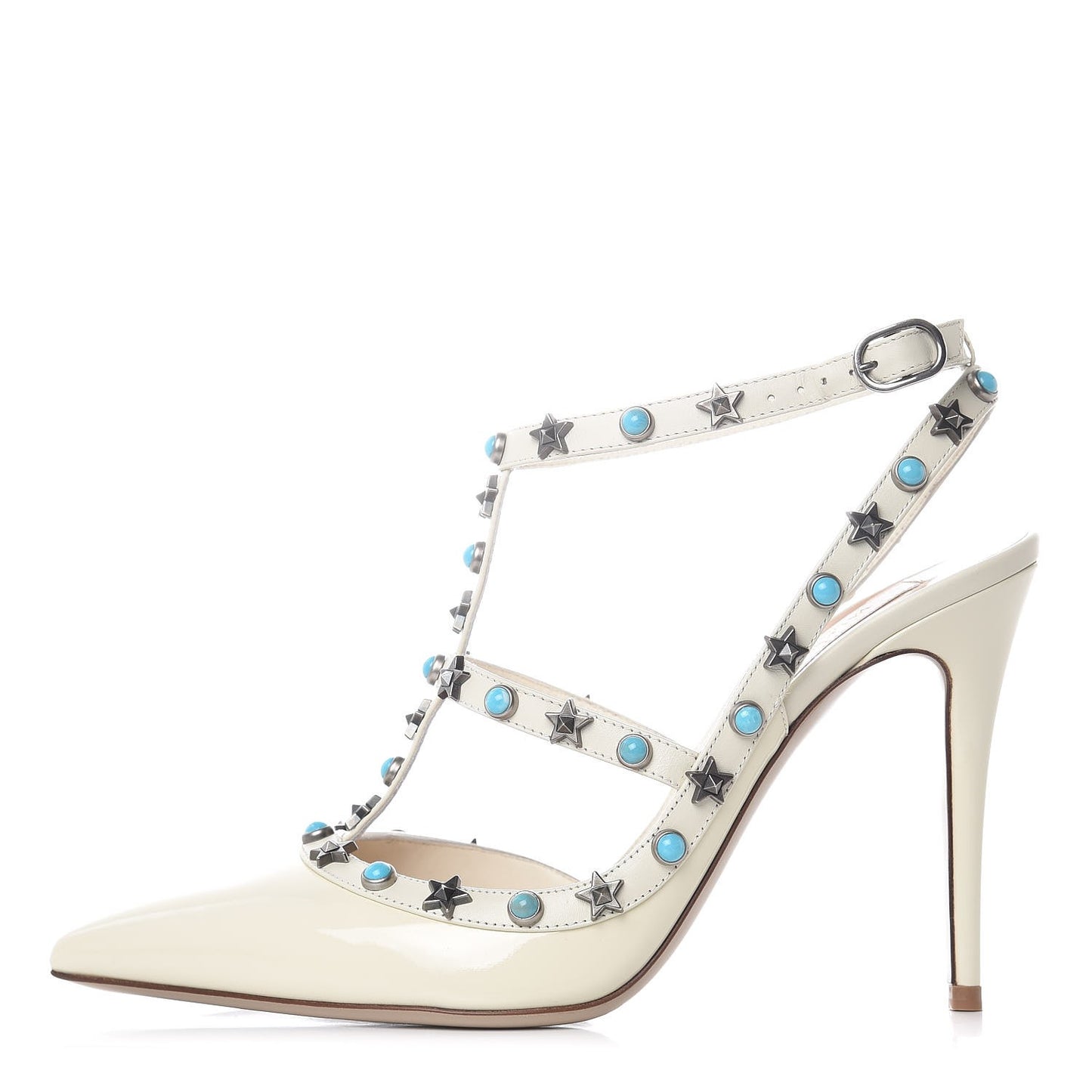 Patent Stars Turquoise Rockstud Rolling Ankle Strap 100mm Pumps 39.5 Ivory