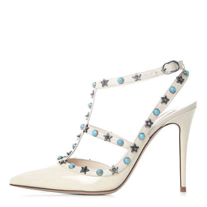 Valentino Garavani Patent Stars Turquoise Rockstud Rolling Ankle Strap 100mm Pumps 39.5 Ivory 1 of 10