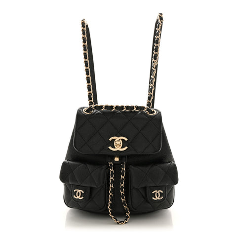 Shiny Caviar Quilted Small Duma Pockets Drawstring Backpack Black