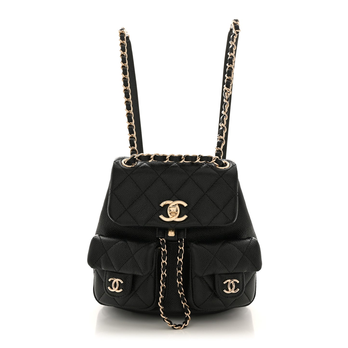 Shiny Caviar Quilted Small Duma Pockets Drawstring Backpack Black