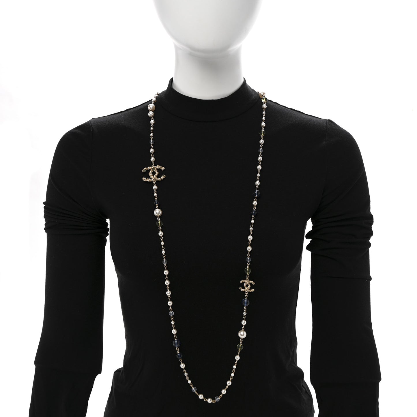 Pearl Glass Bead CC Long Necklace Blue Gold