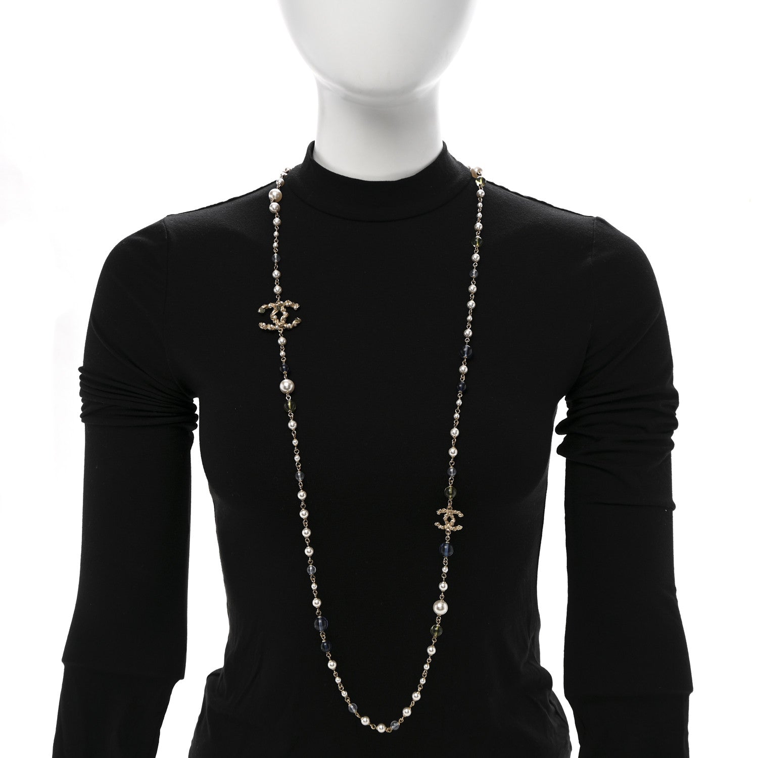 Chanel Pearl Glass Bead CC Long Necklace Blue Gold 2 of 6