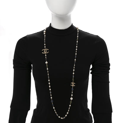 Chanel Pearl Glass Bead CC Long Necklace Blue Gold 2 of 6
