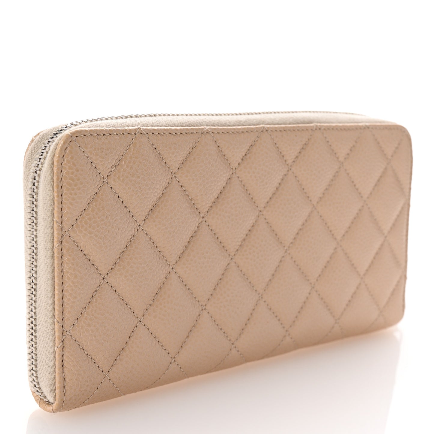 Iridescent Caviar Quilted Large Gusset Zip Around Wallet Beige