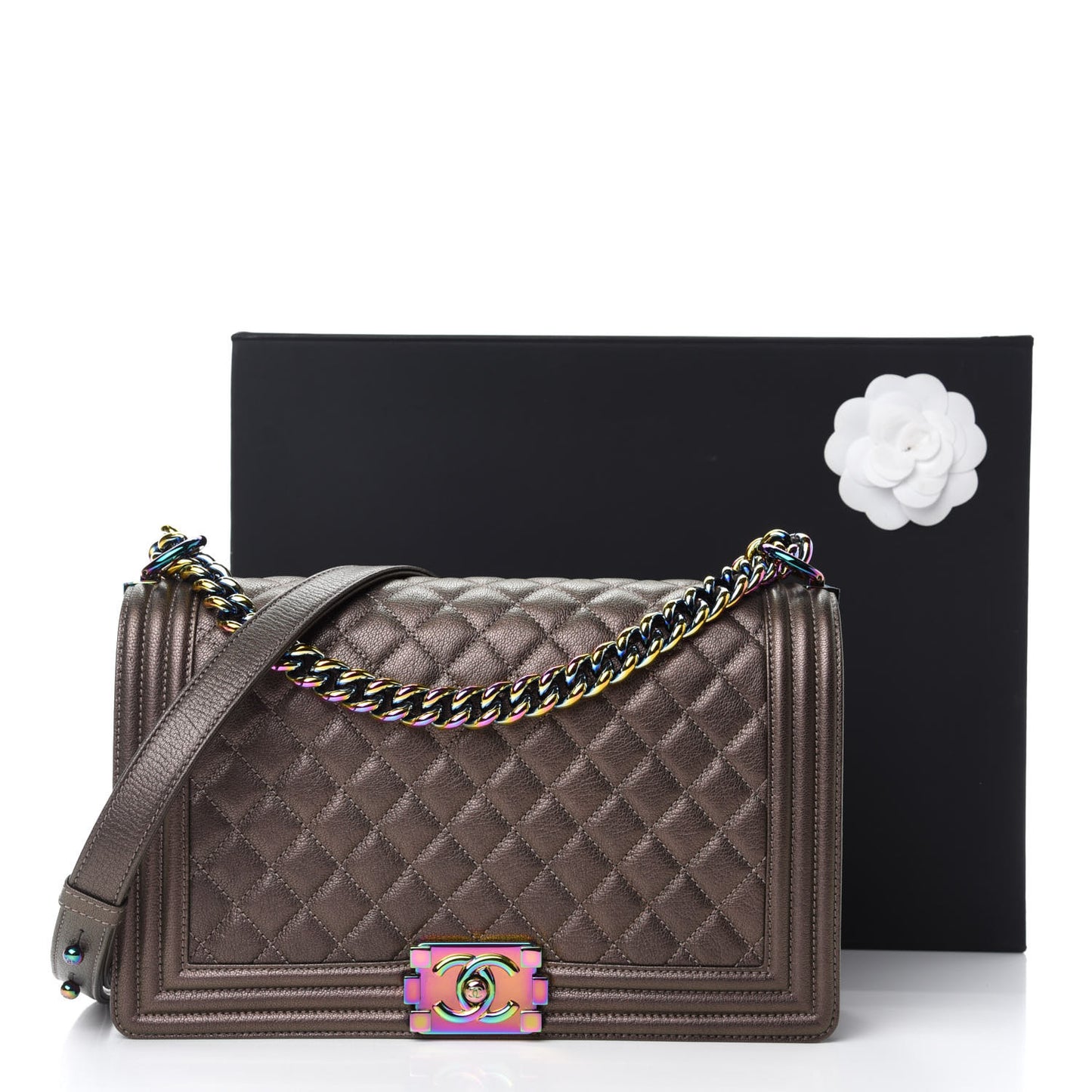Iridescent Goatskin Quilted New Medium Boy Flap Dark Gold