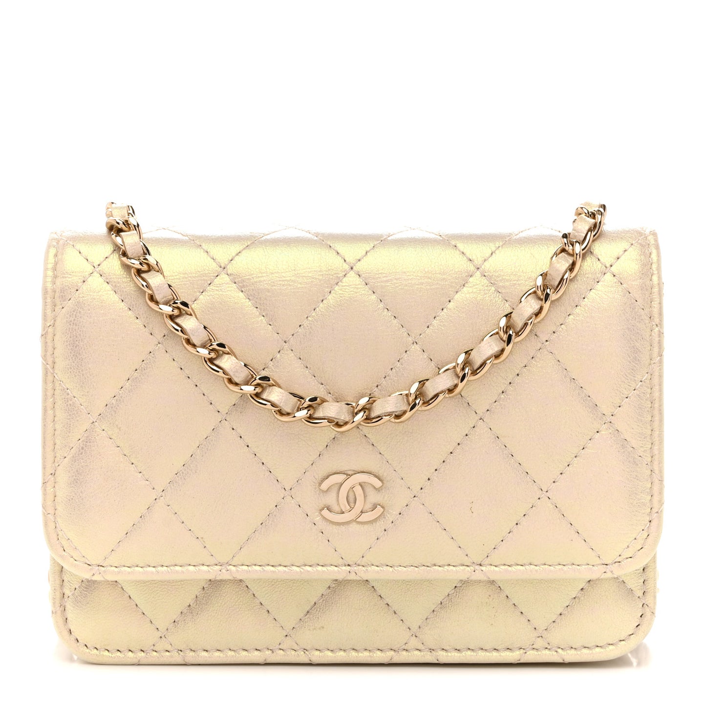 Iridescent Lambskin Quilted Mini Wallet On Chain WOC Ivory
