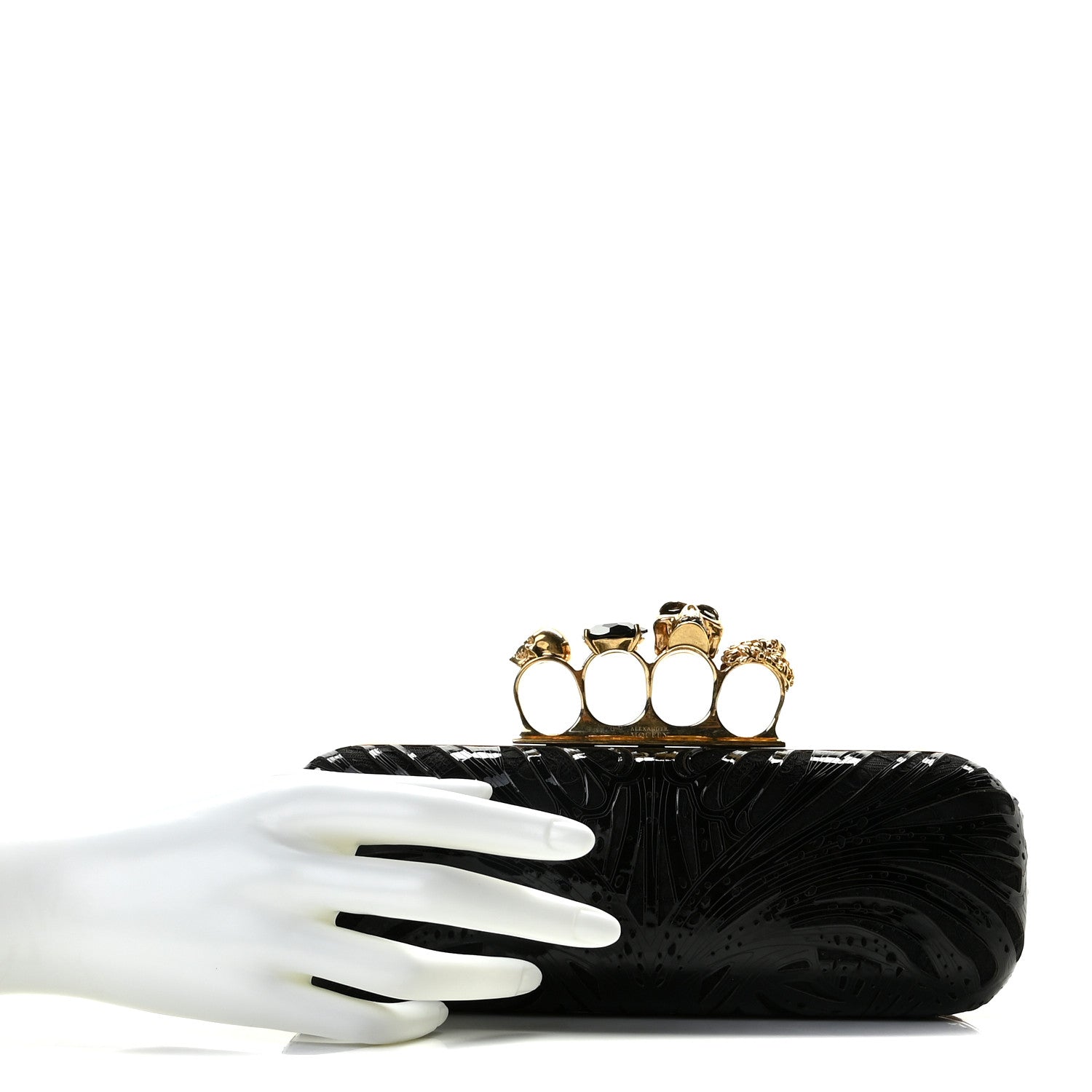 Alexander McQueen Satin Lace Patent Skull Knuckle Box Clutch Black 2 of 12