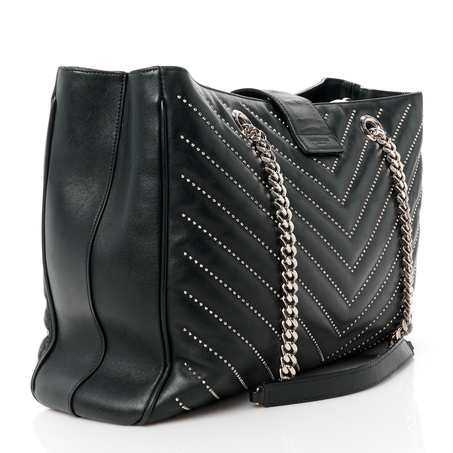 Saint Laurent Lambskin Matelasse Studded Chevron Monogram Shopping Bag Black 3 of 14