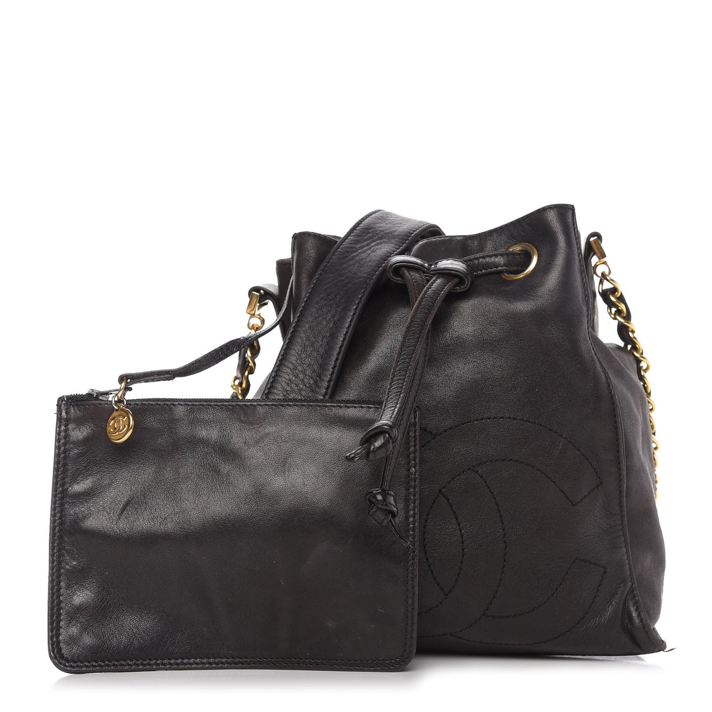 Lambskin CC Stitched Drawstring Bucket Bag Black
