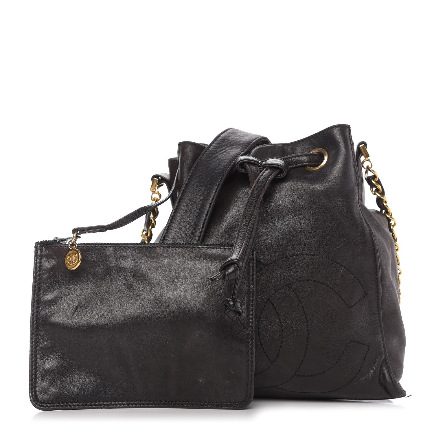 Chanel Lambskin CC Stitched Drawstring Bucket Bag Black 1 of 9