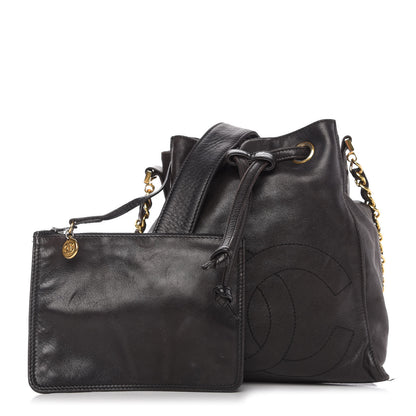 Chanel Lambskin CC Stitched Drawstring Bucket Bag Black 1 of 9