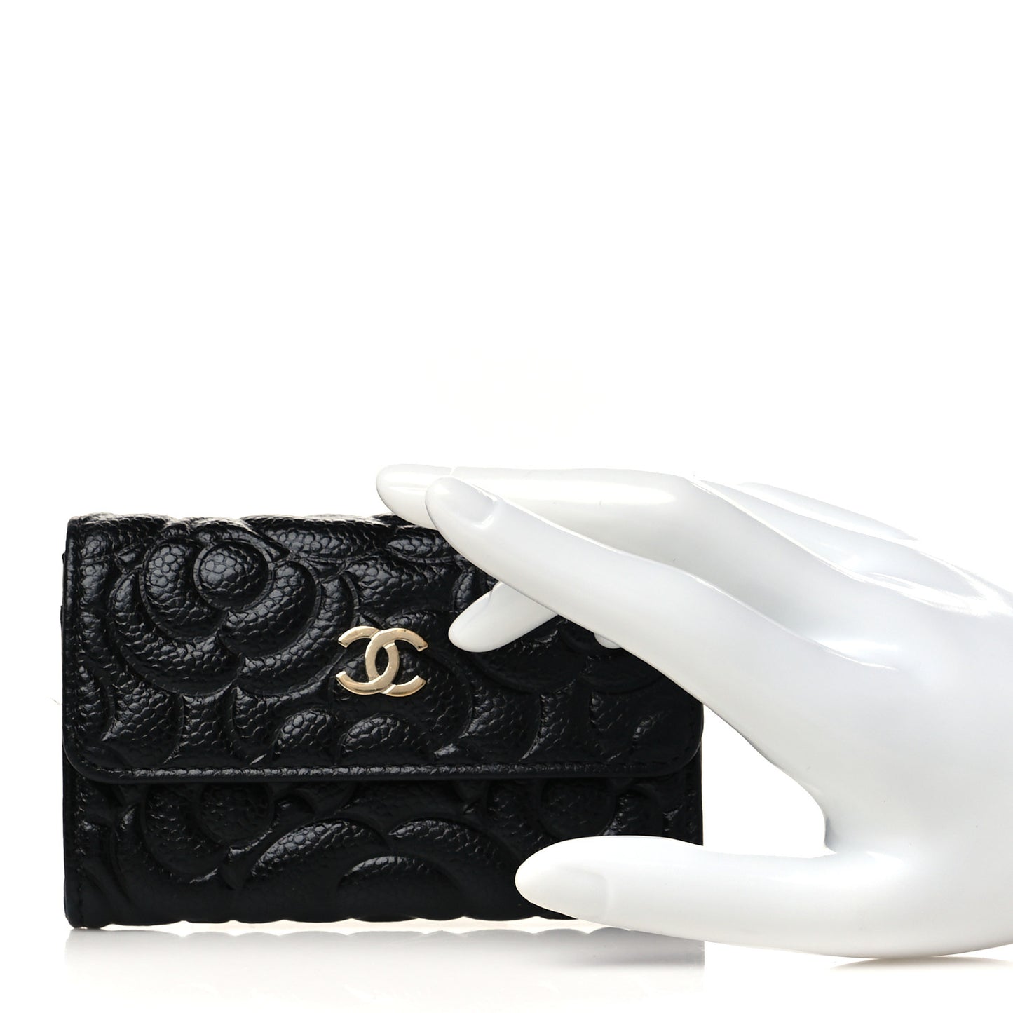 Caviar Camellia Embossed Card Holder Wallet Black