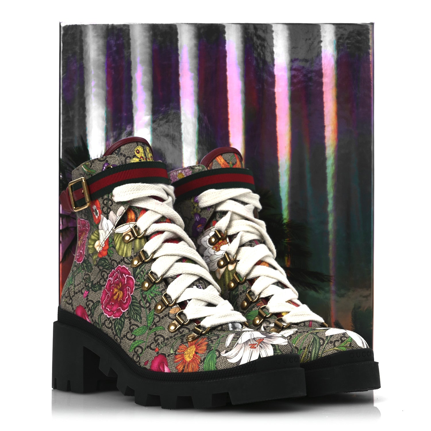 Gucci GG Supreme Monogram Flora Lace Up Combat Ankle Boots 40 Beige Multicolor Red 14 of 14