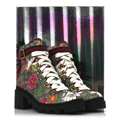 Gucci GG Supreme Monogram Flora Lace Up Combat Ankle Boots 40 Beige Multicolor Red 14 of 14