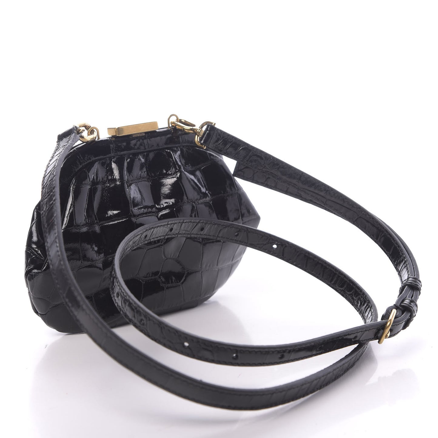 Shiny Supple Calfskin Logo Crocodile Embossed Cloud Coin Purse With Strap Black White