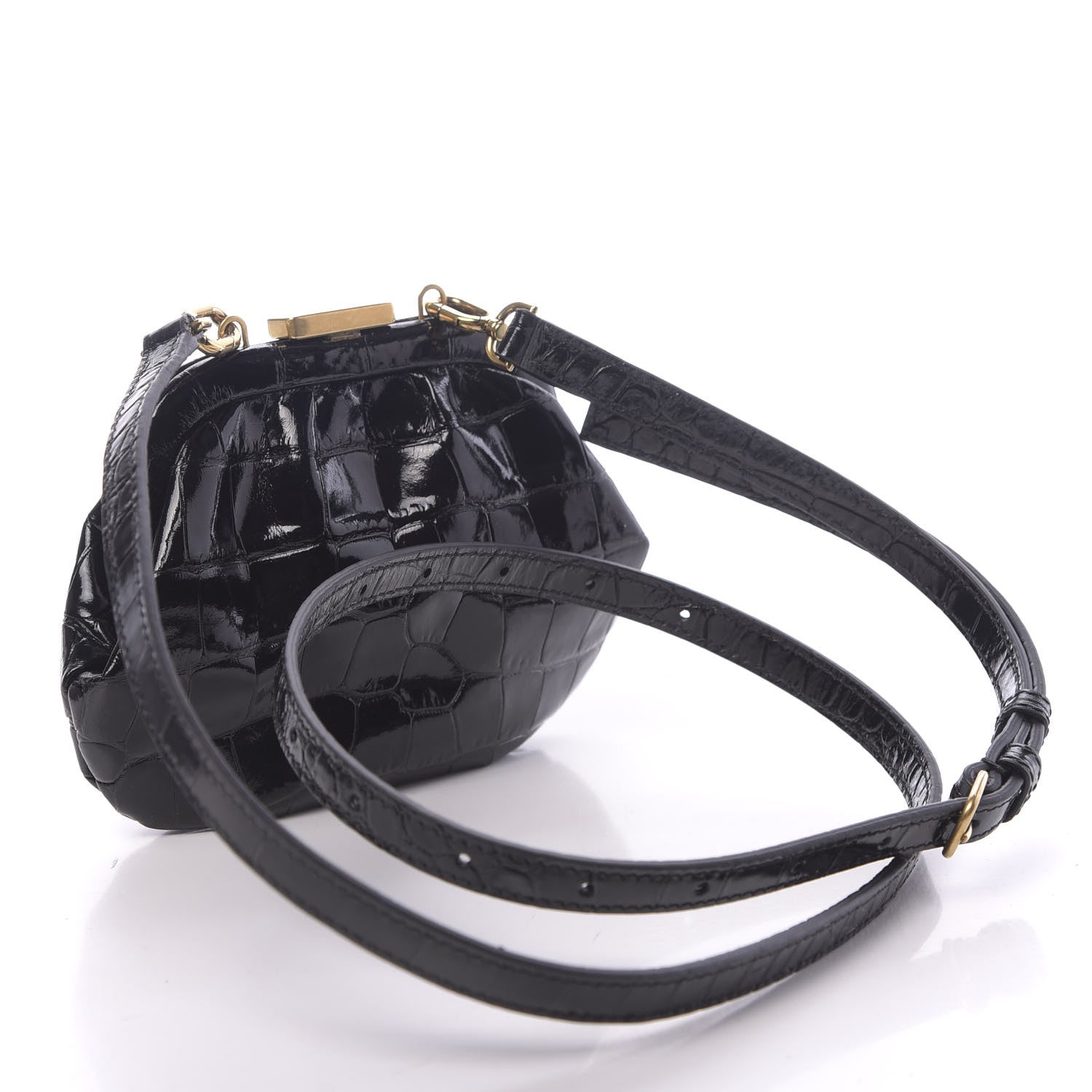 Balenciaga Shiny Supple Calfskin Logo Crocodile Embossed Cloud Coin Purse With Strap Black White 3 of 11