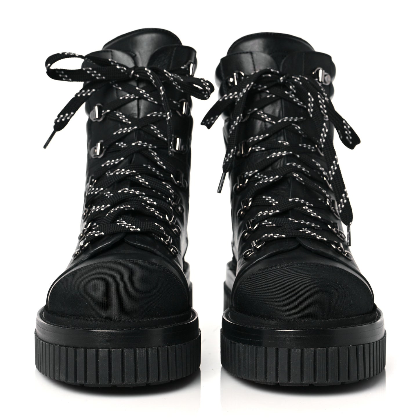 Calfskin Grosgrain Quilted Lace Up Boots 40 Black Grey