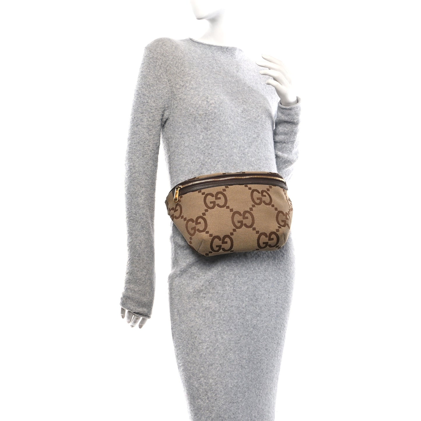 Monogram Jumbo GG Textured Dollar Calfskin Web Belt Bag Camel Ebony New Acero