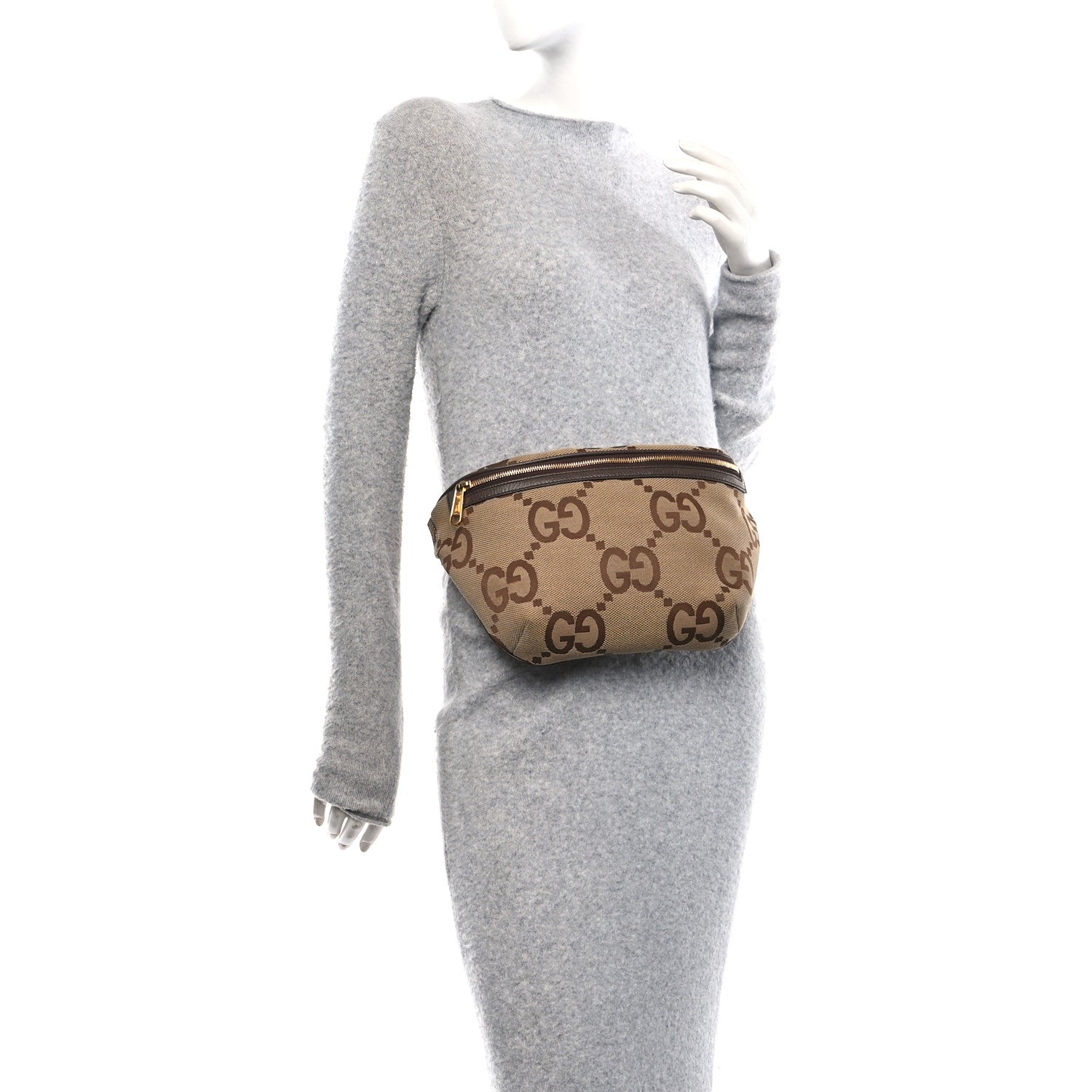 Gucci Monogram Jumbo GG Textured Dollar Calfskin Web Belt Bag Camel Ebony New Acero 3 of 12