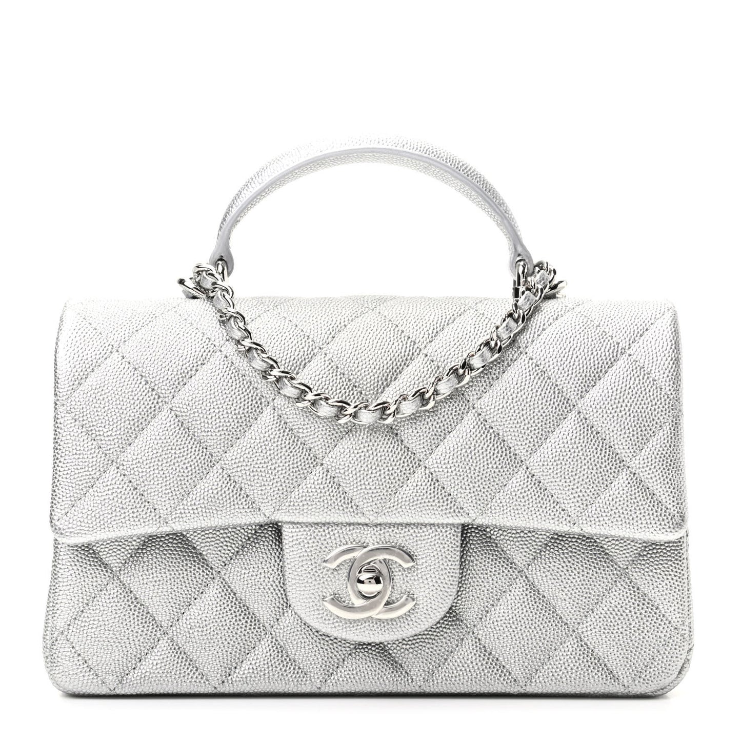 Metallic Caviar Quilted Mini Top Handle Rectangular Flap Silver
