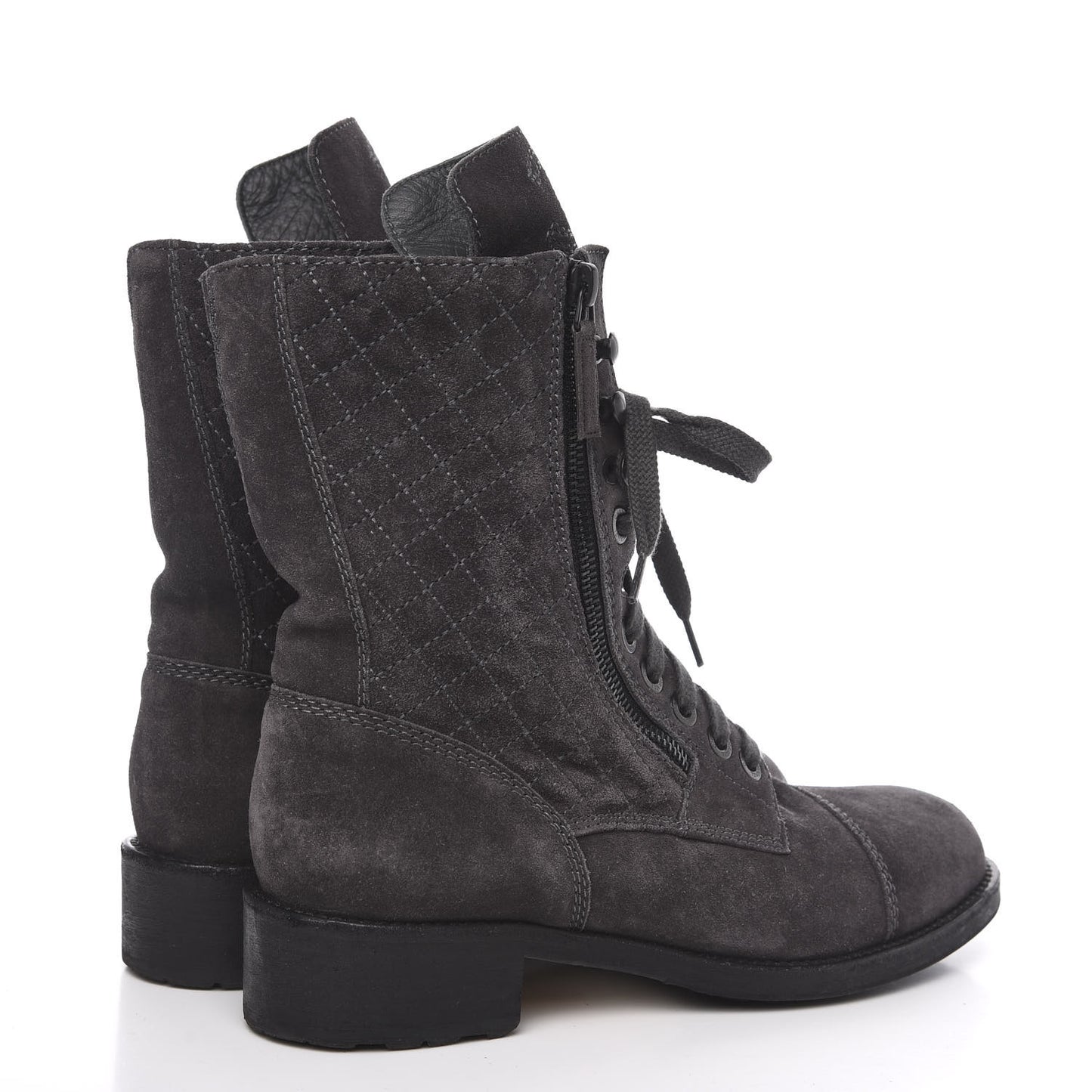 Suede Quilted CC Tall Lace Up Combat Boots 40.5 Grey