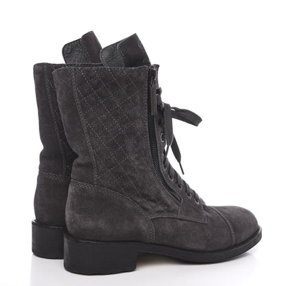 Chanel Suede Quilted CC Tall Lace Up Combat Boots 40.5 Grey 4 of 10