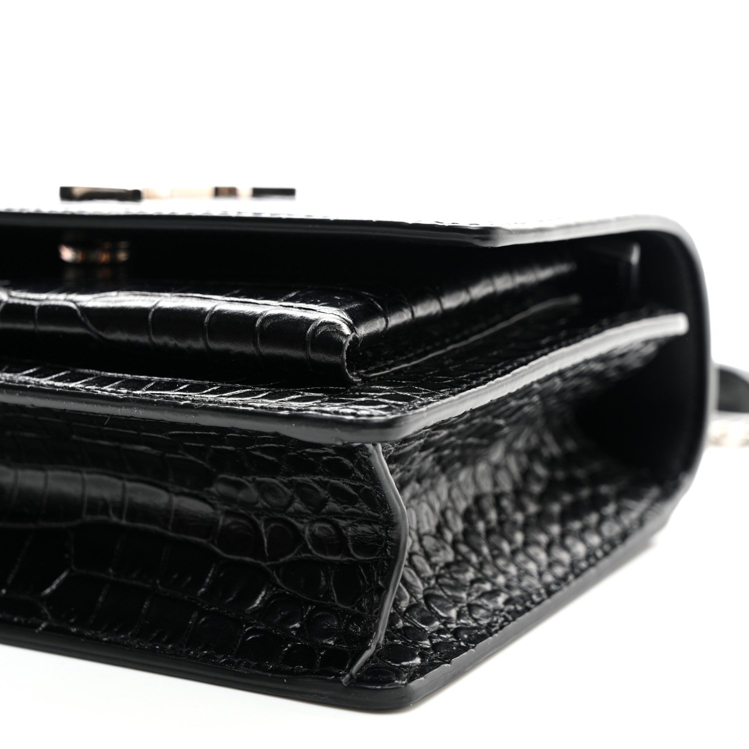 Saint Laurent Calfskin Crocodile Embossed Monogram Sunset Chain Wallet Black 8 of 9