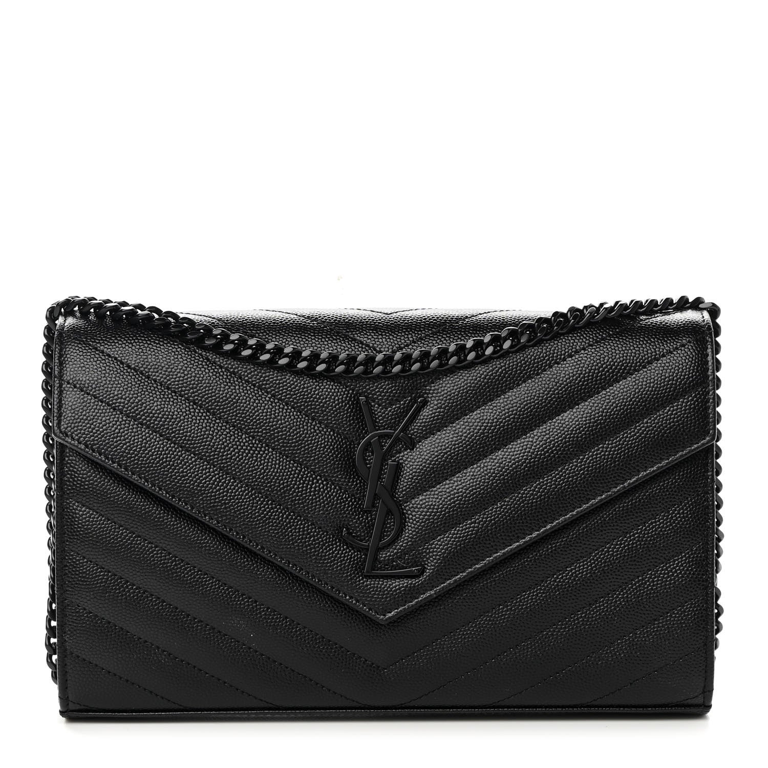 Saint Laurent Grain De Poudre Matelasse Chevron Monogram Chain Wallet Black 1 of 9