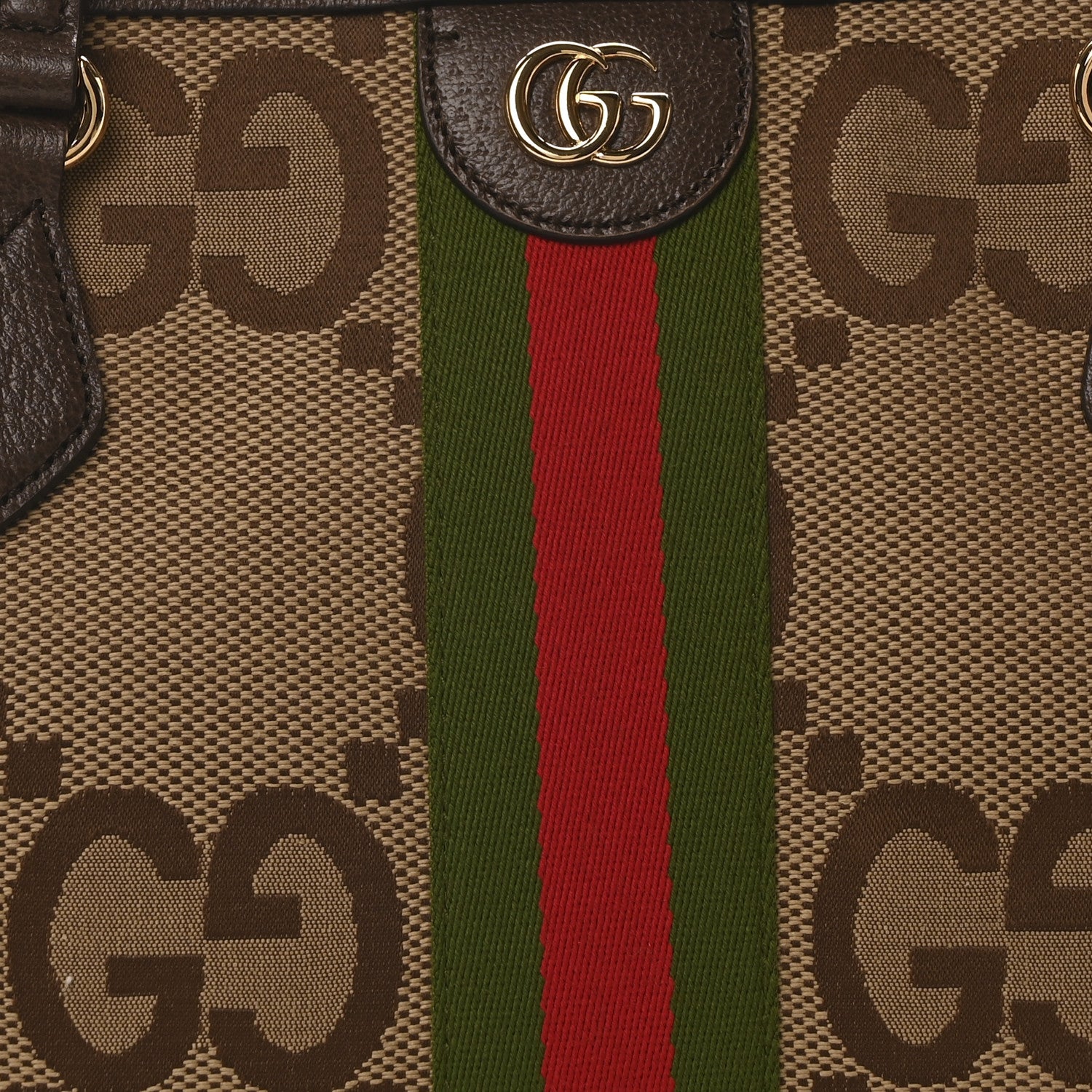 Gucci Monogram Jumbo GG Textured Dollar Calfskin Web Medium Ophidia Shopping Tote Camel Ebony 8 of 10