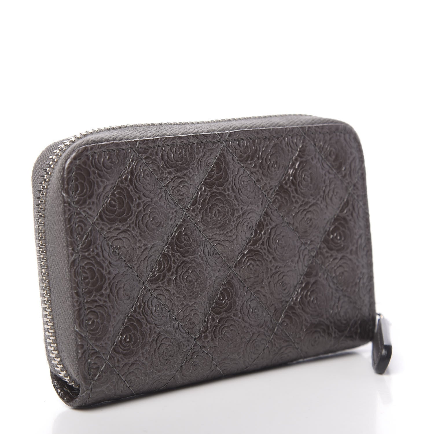 Chanel Metallic Calfskin Camellia Embossed Zip Coin Purse Grey 3 of 8
