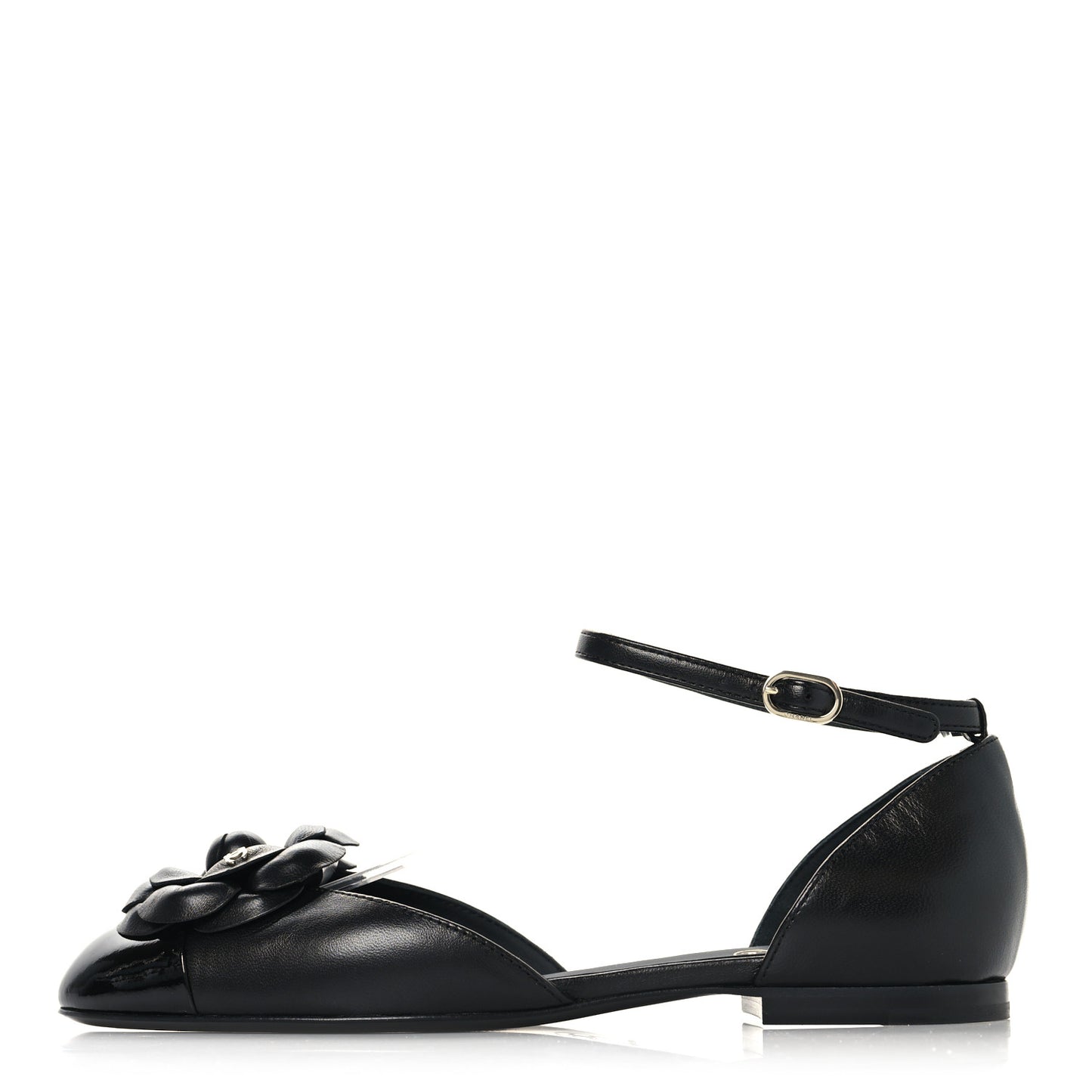 Lambskin Patent Calfskin Cap Toe Camellia Mary Jane Flats 37.5 Black