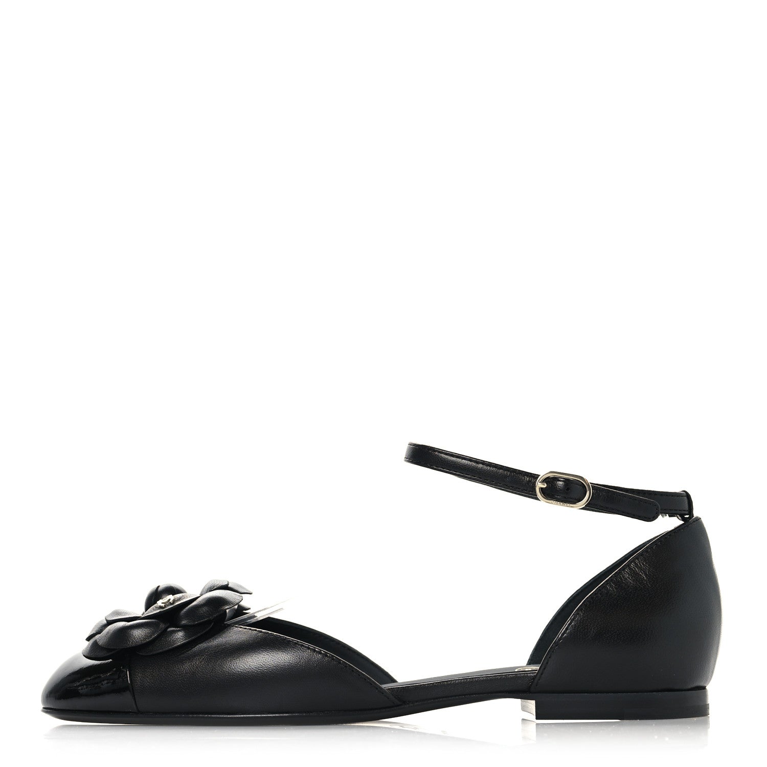 Chanel Lambskin Patent Calfskin Cap Toe Camellia Mary Jane Flats 37.5 Black 1 of 8