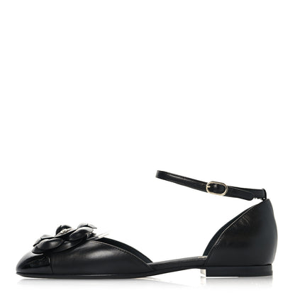 Chanel Lambskin Patent Calfskin Cap Toe Camellia Mary Jane Flats 37.5 Black 1 of 8
