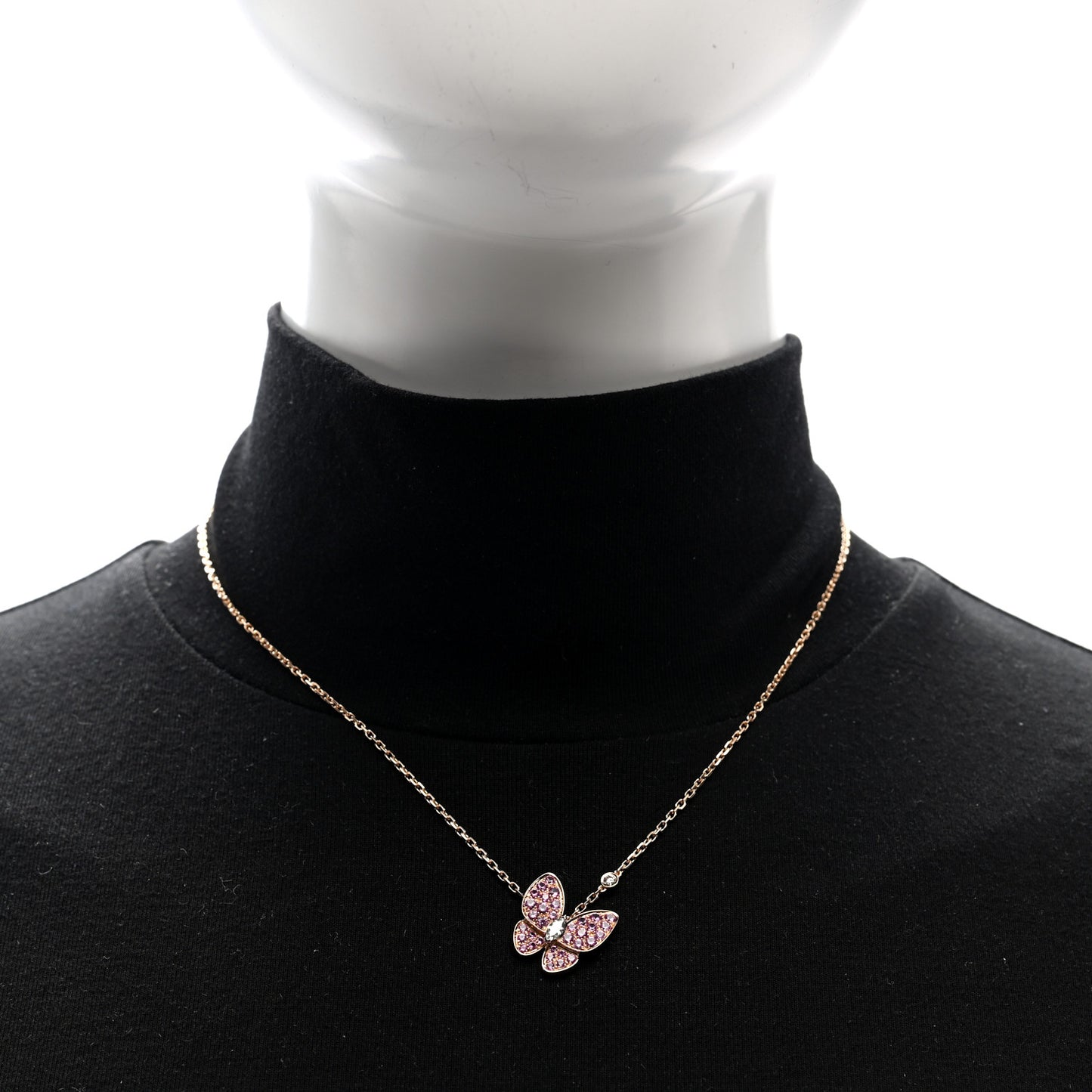 18K Rose Gold Diamond Pink Sapphire Two Butterfly Pendant Necklace