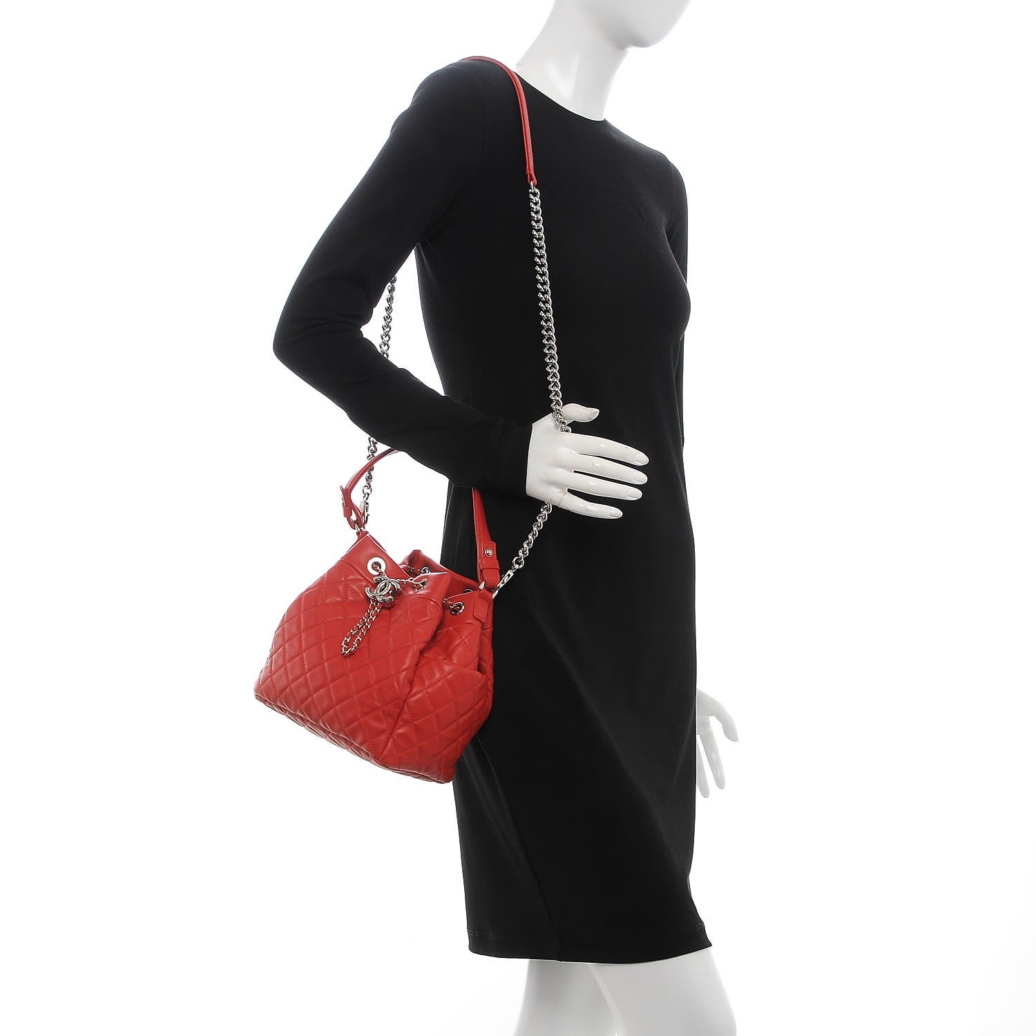 Chanel Lambskin Quilted Small CC Chain Drawstring Bucket Bag Red 2 of 10