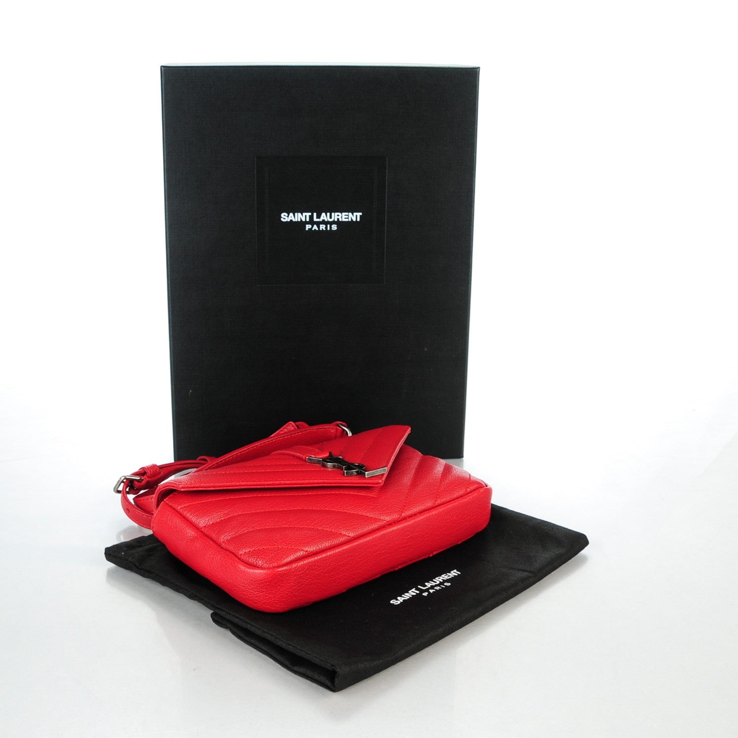 Saint Laurent Sheepskin Matelasse Chevron Monogram College Chain Wallet New Red 4 of 7
