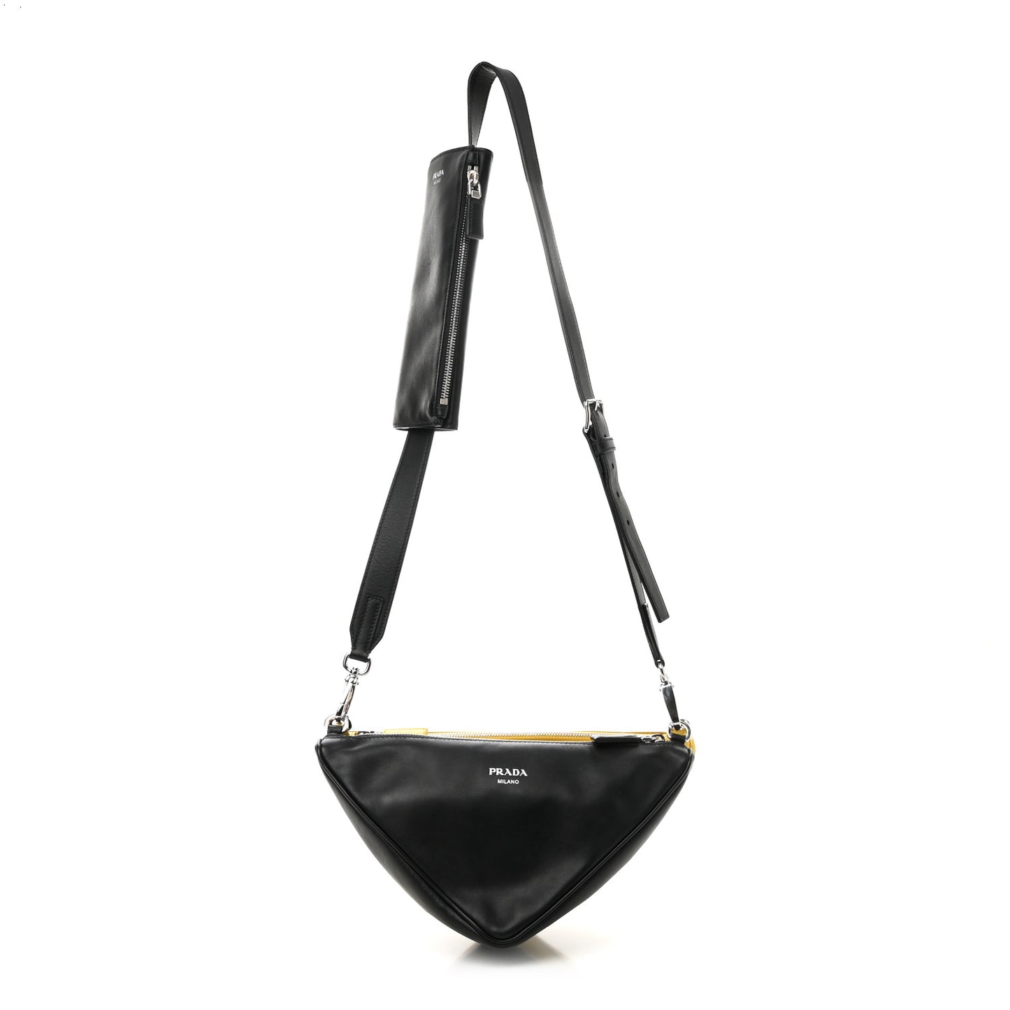 Vitello Saffiano Cuir Double Triangle Shoulder Bag Black Sole